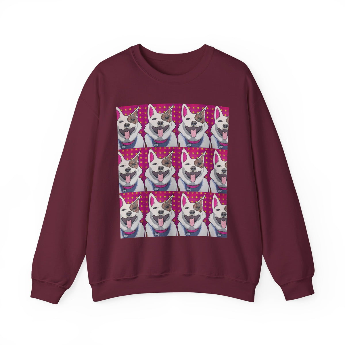 Pop Art Husky Crewneck Sweatshirt — Retro Repeating Dog Portraits