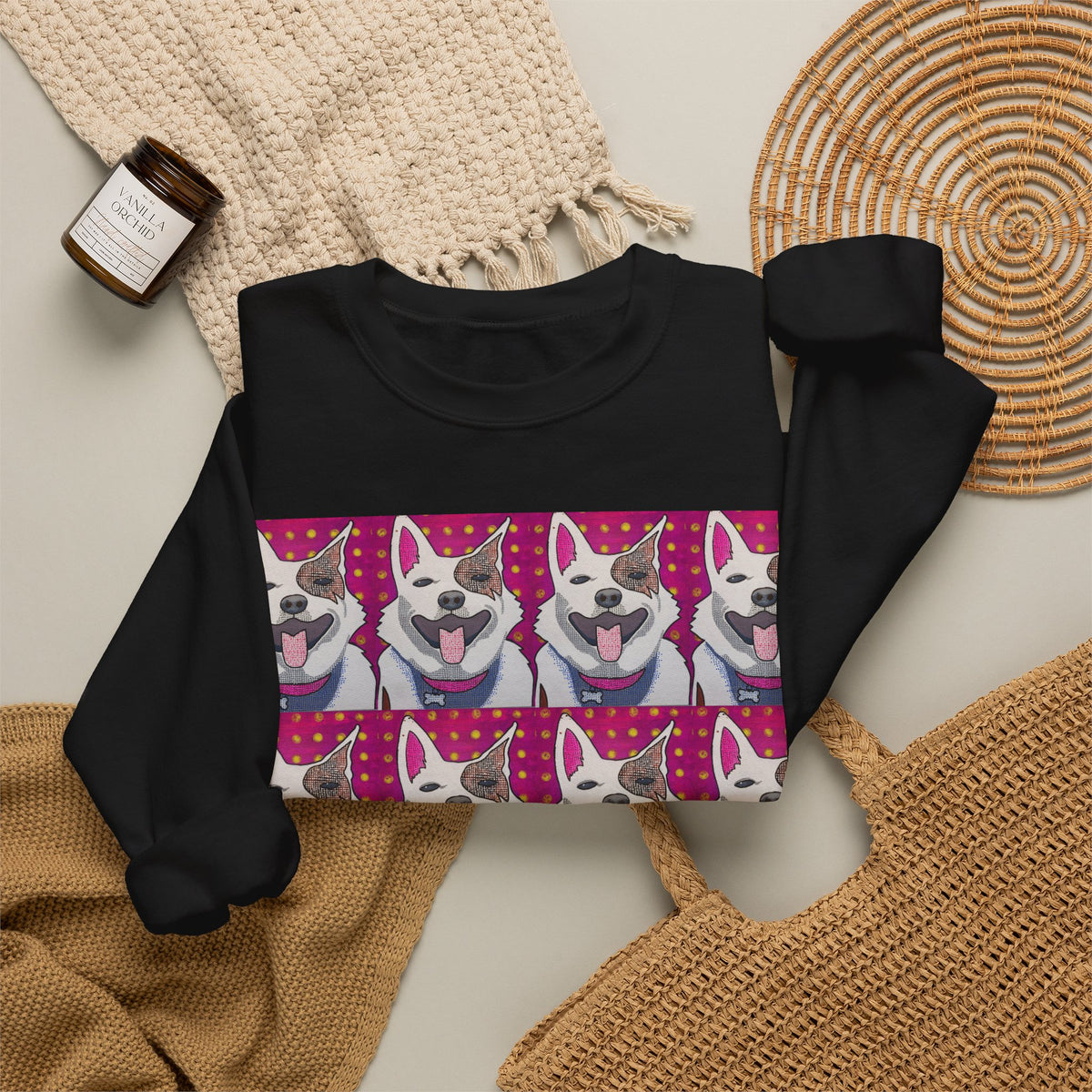 Pop Art Husky Crewneck Sweatshirt — Retro Repeating Dog Portraits