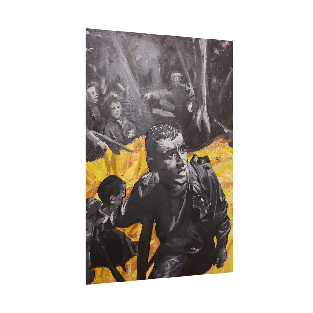 Rolled Poster — Dramatic Protest Art Print (Black & Yellow Figurative Scene)