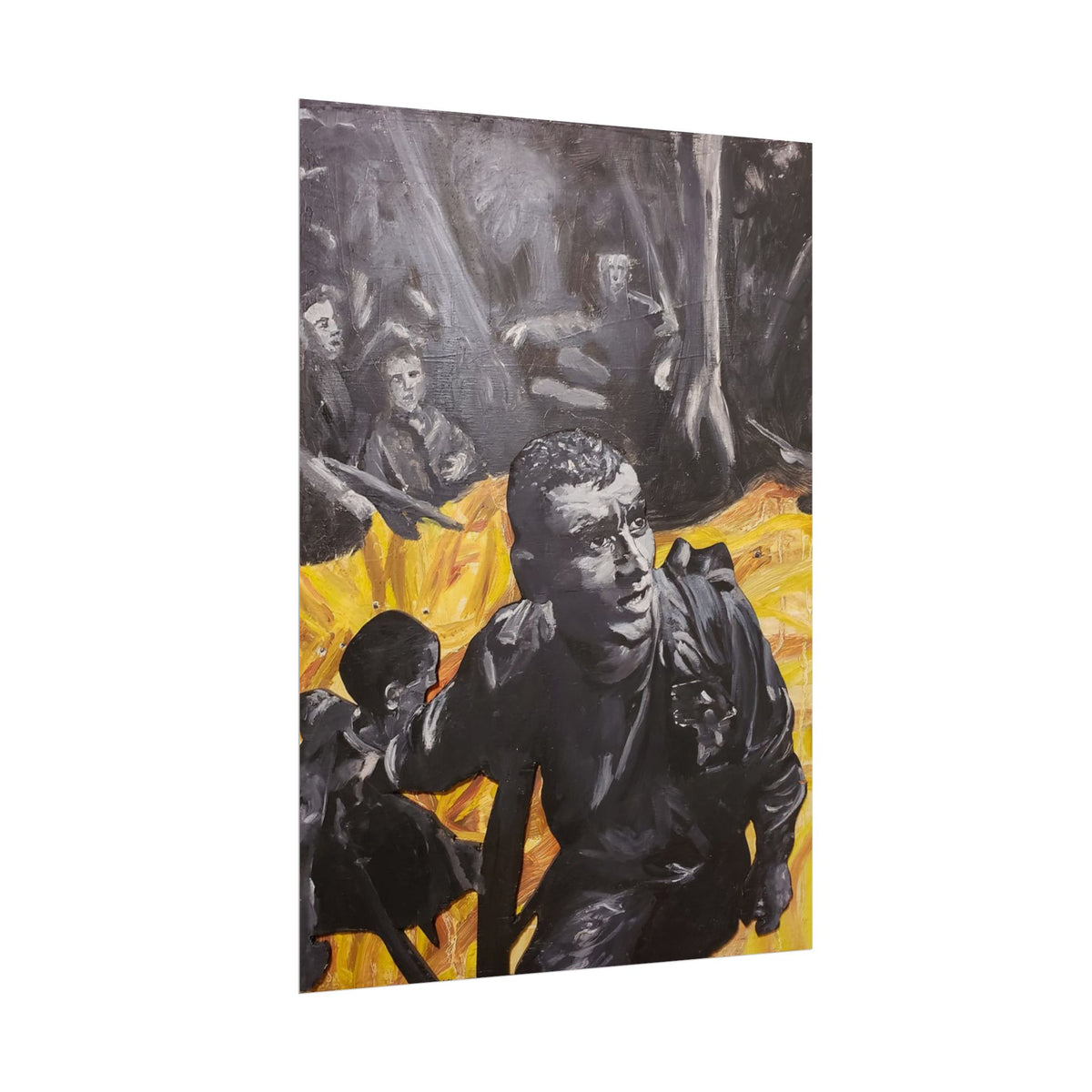 Rolled Poster — Dramatic Protest Art Print (Black & Yellow Figurative Scene)