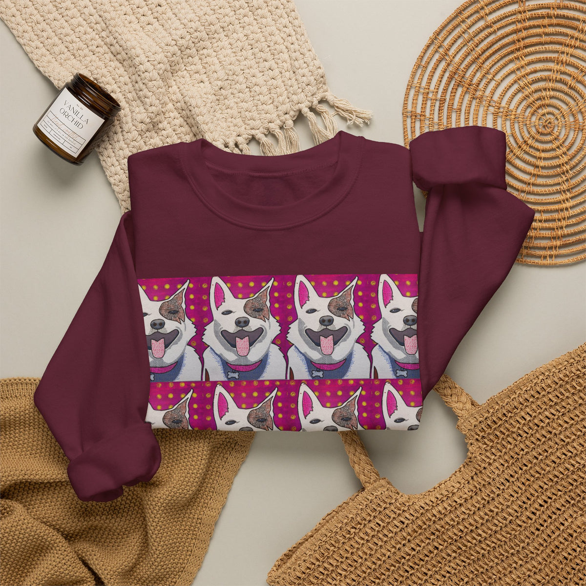 Pop Art Husky Crewneck Sweatshirt — Retro Repeating Dog Portraits