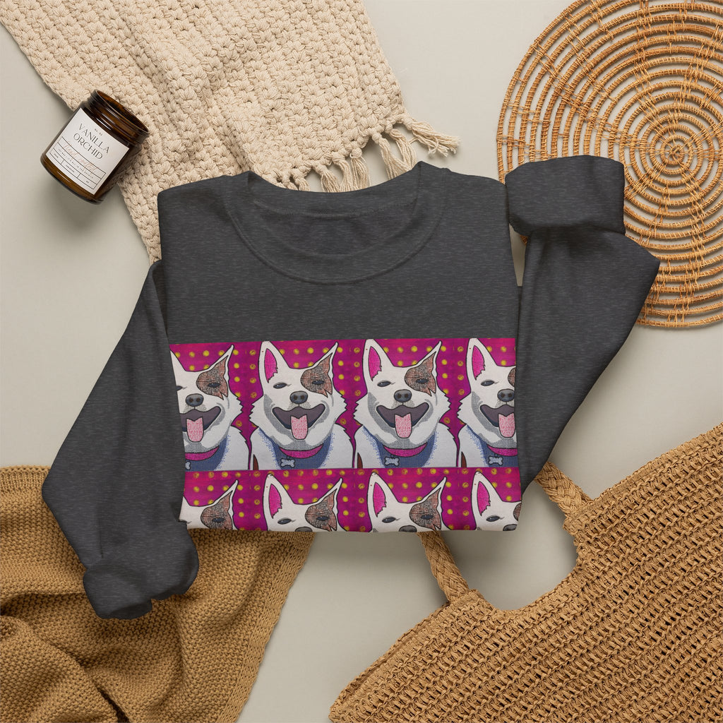 Pop Art Husky Crewneck Sweatshirt — Retro Repeating Dog Portraits