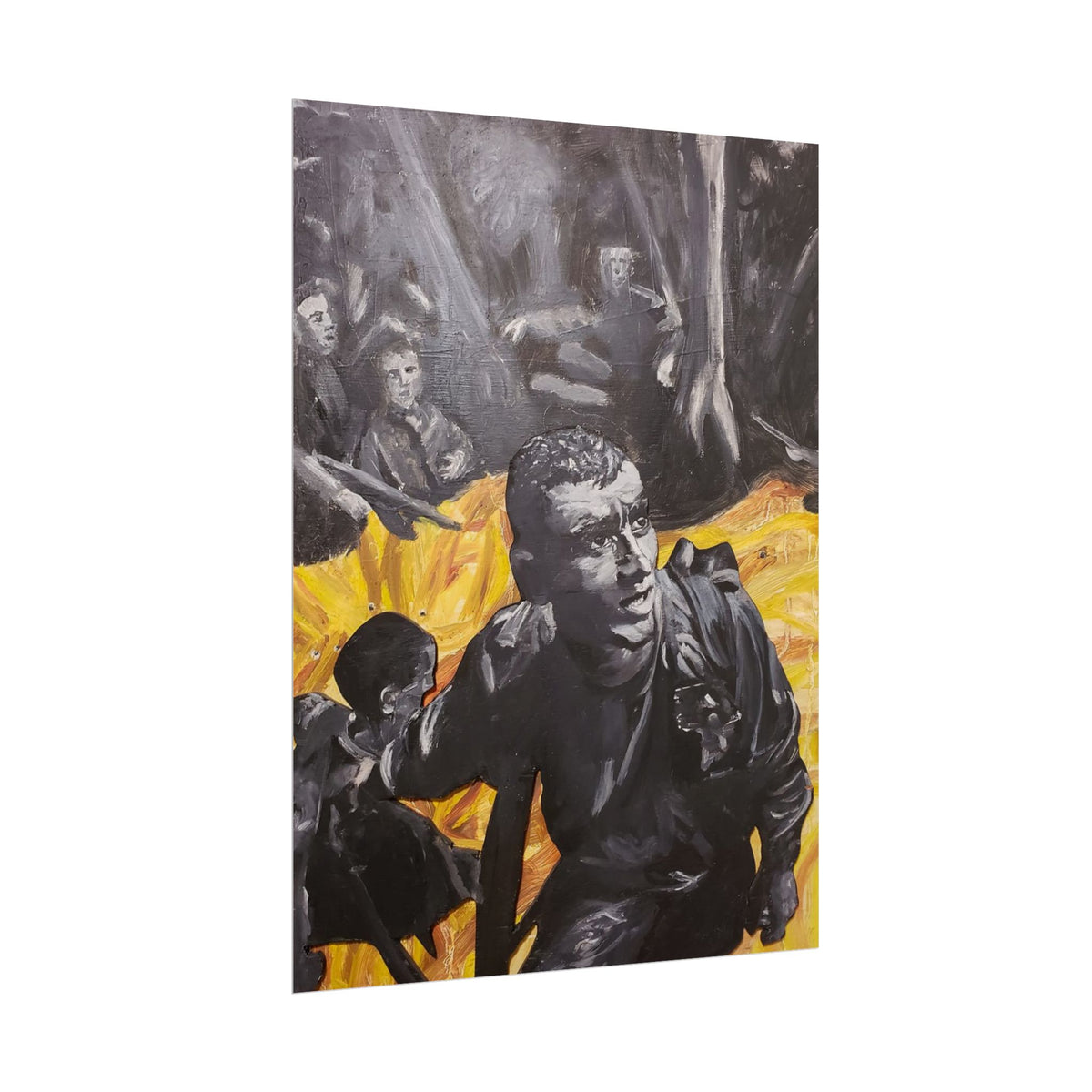 Rolled Poster — Dramatic Protest Art Print (Black & Yellow Figurative Scene)