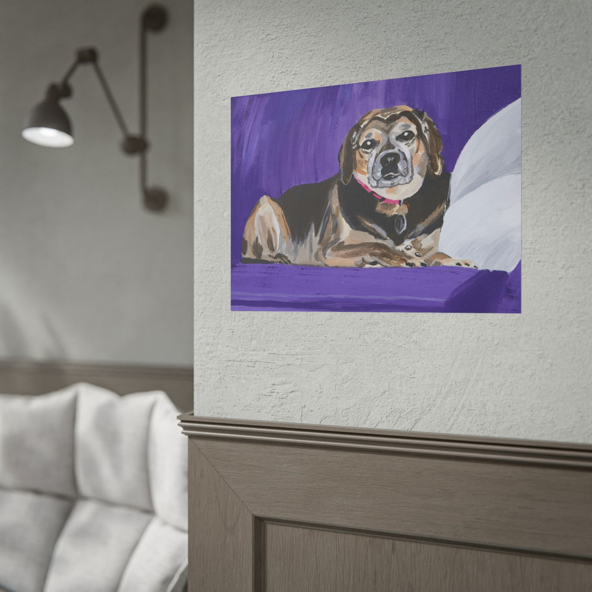 Beagle Portrait Poster - Rolled Wall Art, Hand-Painted Dog Print on Purple Background