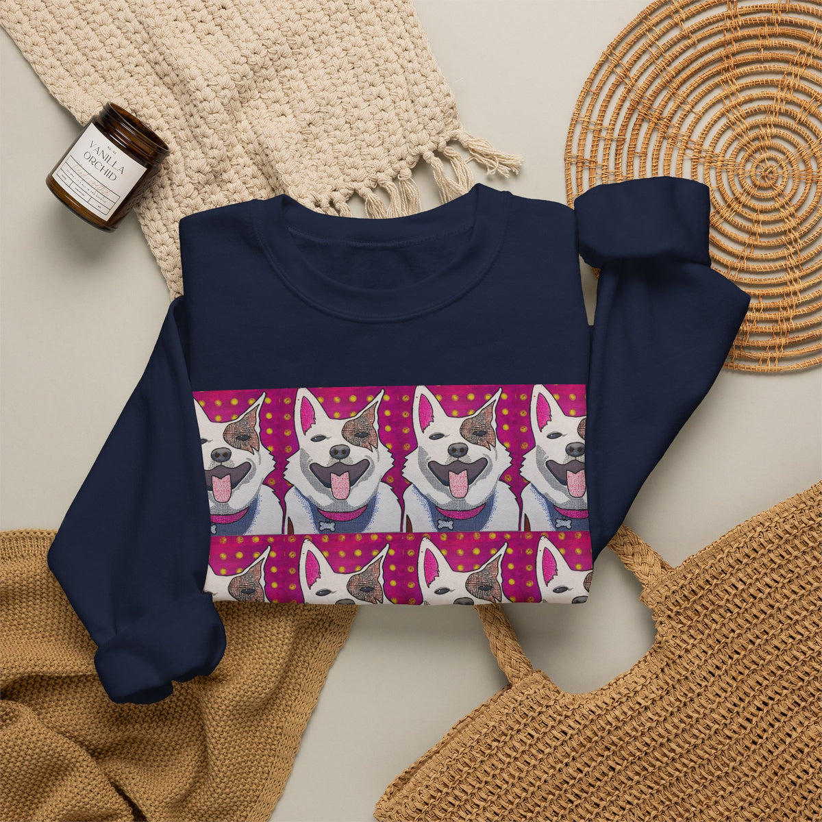 Pop Art Husky Crewneck Sweatshirt — Retro Repeating Dog Portraits