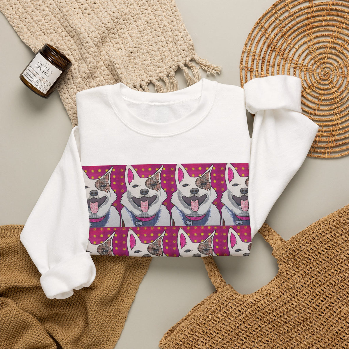 Pop Art Husky Crewneck Sweatshirt — Retro Repeating Dog Portraits