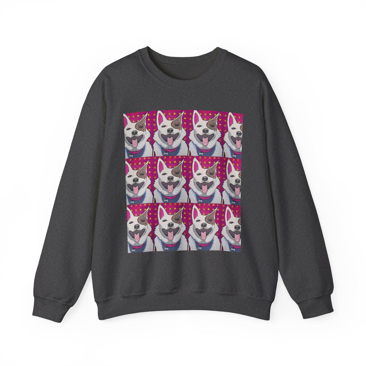 Pop Art Husky Crewneck Sweatshirt — Retro Repeating Dog Portraits
