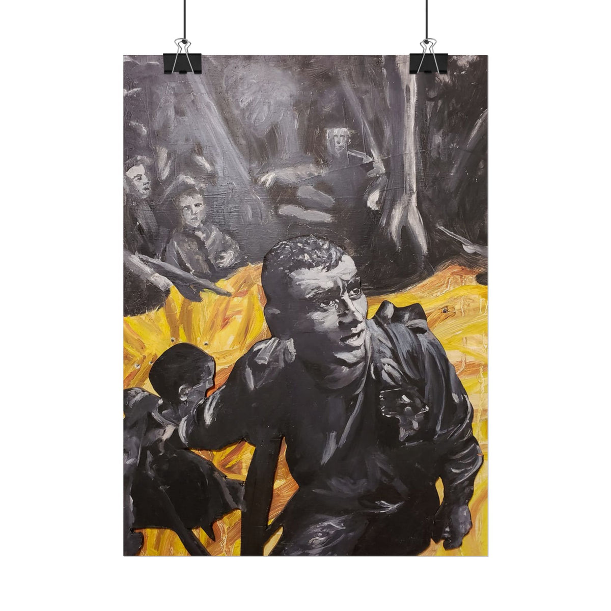 Rolled Poster — Dramatic Protest Art Print (Black & Yellow Figurative Scene)